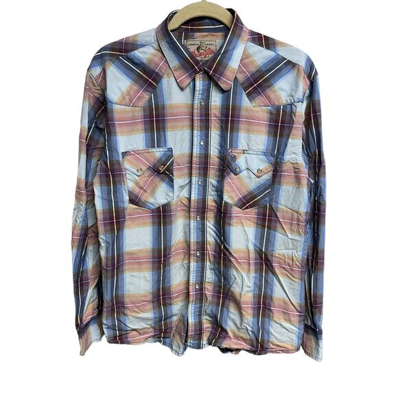 Vintage American Cowboys Choose Wrangler Tag Blue Plaid Pearl Snap Men's‎ Medium - Picture 1 of 5